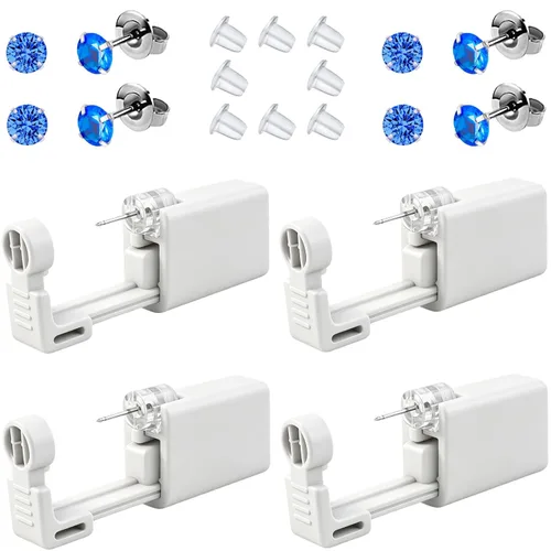 Juego de 4 pistolas para perforación de orejas, desechables y seguras, con aretes (azul)
