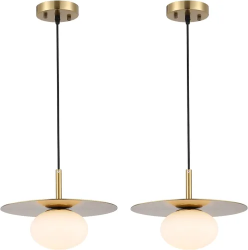 BYOLIIMA Juego de dos lámparas colgantes de globo moderno con pantalla de vidrio blanco lechoso latón dorado estilo granja lámpara colgante de 11.81