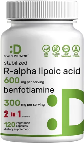 DEAL SUPPLEMENT R Ácido alfa lipoico 600 mg con benfotiamina 300 mg por porción, 120 cápsulas vegetales – 200 mg de R-ALA por cápsula – Suplemento