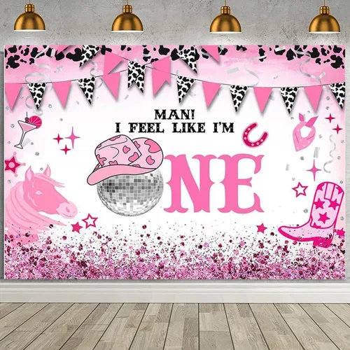 Fondo de un cumpleaños de vaquera occidental, decoración de cumpleaños de discoteca rosa, rodeo del salvaje oeste, cactus mexicano, recién nacido,