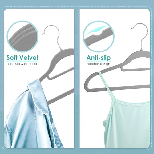 Miniatura 5 de DUDUCOFU Perchas de terciopelo antideslizantes de fieltro, paquete de 50 perchas de terciopelo gris para ropa que ahorran espacio, con gancho