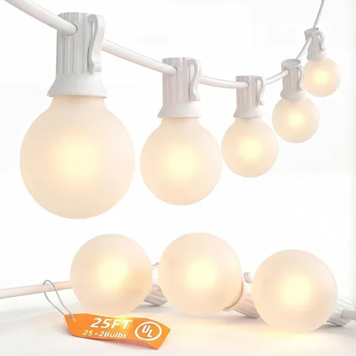 Miniatura 15 de SUNSGNE Luces Redondas de Navidad de 25 Pies para Exteriores, Cadena de Luces Globo G40 con 27 Luces LED Transparentes (2 de Repuesto), Cadena