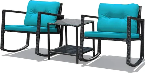Miniatura 11 de DORTALA Juego de muebles de patio de 3 piezas, mecedora de ratán y mesa de centro de cristal con cojines, juego de 3 muebles de mimbre para Negro