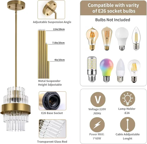 Miniatura 5 de Lámparas colgantes, iluminación colgante de cristal moderna de 7 pulgadas, luces colgantes de isla de cocina de color latón, iluminación colgante