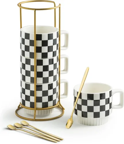 Miamolo Juego de 4 tazas de café apilables con estante de 11 oz, juego de tazas de té con cuchara pequeña para café, té, cacao, leche, taza de café