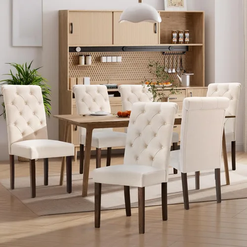 Miniatura 15 de Juego de 2 sillas de comedor, tapizadas Parsons con botones y patas de madera maciza, sillas de cocina de tela moderna para comedor, color beige