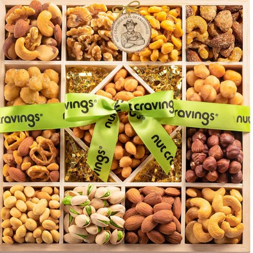 Miniatura 11 de NUT CRAVINGS - Cesta de regalo de nueces mixtas en bandeja de madera de diamante reutilizable + cinta verde (12 surtidos) golosinas para adultos