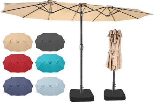 Miniatura 16 de Sombrilla de doble cara para patio de 15 x 9 pies con base y manivela, sombrilla rectangular extragrande para patio, césped y jardín, beige