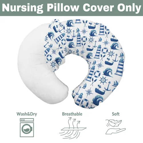 Miniatura 7 de Fundas de almohada náuticas de lactancia para bebés náuticos de color blanco marino para niño y niña, brújula, anclajes de ballena, almohada de Azul
