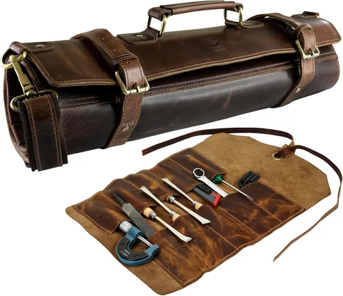Bolsa de almacenamiento de rollo de cuchillo de cuero con bolsa enrollable para herramientas, rollo de estuche para cuchillos de chef para viajes