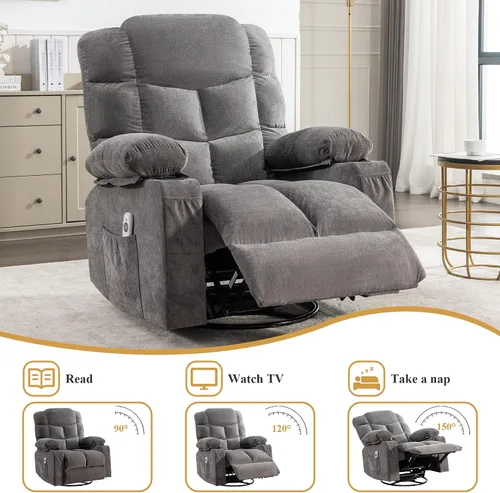 Miniatura 6 de MAHOMICO Swivel Rocker Recliner Chair with Vibration Massage and Heat for Living Room,with Rocking Function and Side Pocket, USB Charge Port,2 Cup