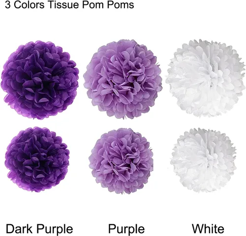 Miniatura 2 de Decoraciones de cumpleaños, banderines con pompones de papel de seda y decoración de remolinos colgantes para fiesta, morado, lavanda y blanco