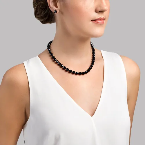 Miniatura 3 de The Pearl Source 14K Gold 8.0-8.5mm Round Genuine Black Japanese Akoya Saltwater Cultured Pearl Necklace in 20" Matinee Length for Women