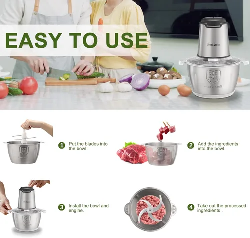Miniatura 7 de Liebe&Lecker Procesador de alimentos, picadora de carne con 1 tazón de 8 tazas, picadora eléctrica de alimentos con 4 cuchillas afiladas grandes