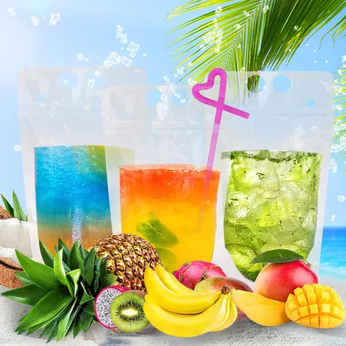 Miniatura 4 de Ozera - 100 bolsas de bebidas, bolsas de jugo de 16 onzas con 100 popotes y embudo Cremallera sellada, bolsas de jugo de batido de mano