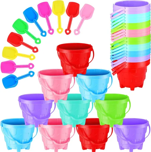 Didaey Juego de 15 cubos de arena y palas de playa, incluye cubo de arena de 6 colores con diseño de castillo en el interior y palas para fiestas de