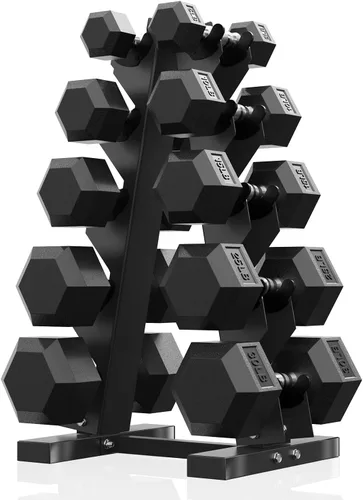 Miniatura 23 de PAPABABE - Juegos de mancuernas hexagonales de 60-550 libras con revestimiento de goma y soporte de almacenamiento, mancuernas con múltiples