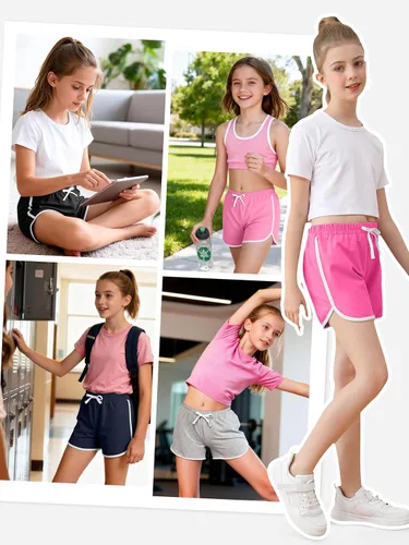 Miniatura 7 de Resinta Paquete de 5 pantalones cortos deportivos de algodón para niñas, pantalones cortos de correr activos, pantalones cortos de verano para niños