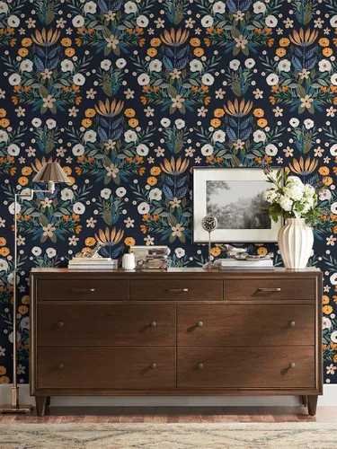 Miniatura 2 de Floralplus Papel tapiz autoadhesivo bohemio extraíble para baño, papel tapiz floral oscuro, papel de contacto floral con hojas adhesivas para Azul