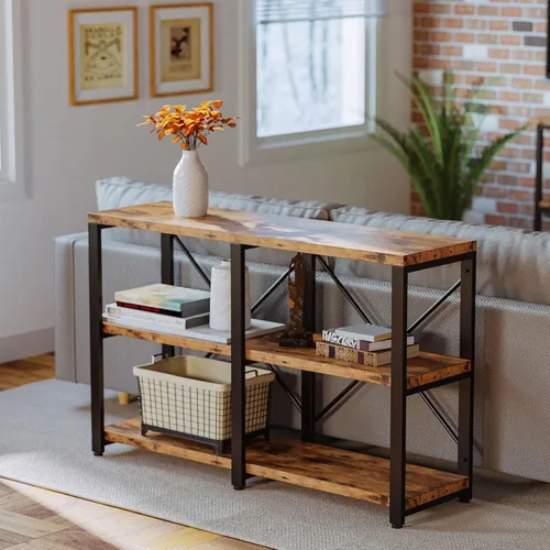 Miniatura 5 de IRONCK Estantería de doble ancho de 47 pulgadas con 3 niveles, librerías industriales, estanterías de madera y metal, estantes de libros