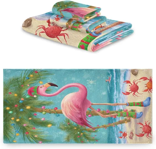 Miniatura 2 de Pfrewn Juego de 3 toallas de baño de Navidad con flamenco tropical, palmera y cangrejo, toallas de baño, suaves y absorbentes, toallas de mano