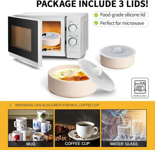 Miniatura 4 de Paquete de 3 moldes de silicona para escalfar huevos con tapas, moldes de silicona para freidora de aire, huevos reutilizables antiadherentes, Blanco