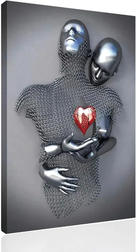 ZEMRARE Corazón de amor 3D efecto metálico negro arte decoración de pared moderna galería pinturas para pared parejas en blanco y negro (1 pieza