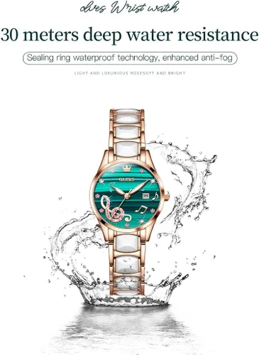Miniatura 5 de OLEVS Relojes para mujer, oro rosa, de dos tonos, de moda, de cerámica, blanco, esfera rosa, roja, acero inoxidable, fecha impermeable