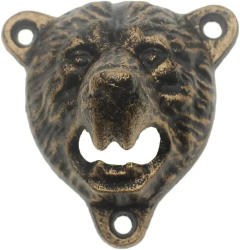 Miniatura 7 de Abridor de botellas de cerveza de hierro fundido con cabeza de oso negro, dientes grizzly montados en la pared para decoración de garaje de cueva