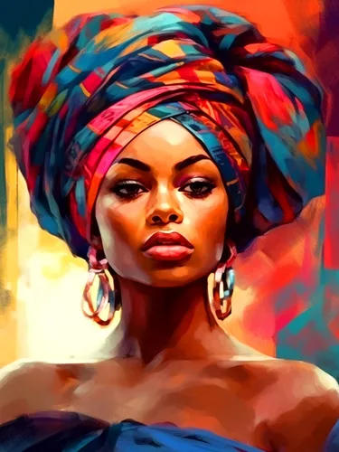 Miniatura 9 de Bimkole Kits de pintura de diamantes 5D, turbante de flores, mujer, taladro completo, mujer africana, juego de bordado de diamantes de imitación