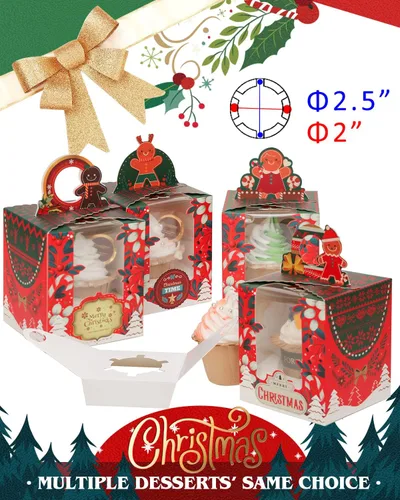 Miniatura 3 de qiqee Cajas individuales de cupcakes de Navidad, 50 unidades, cajas de magdalenas individuales con ventana 3.7 "3.7" x 4.5 " caja de magdalenas