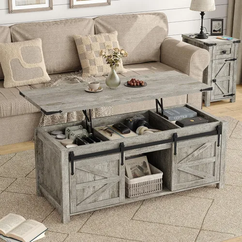 Miniatura 10 de Furnihold Mesa auxiliar de 47.3 pulgadas con almacenamiento, mesa de centro de madera de granja con parte superior elevable, puertas corredizas