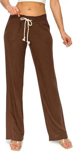 Cali1850 Pantalones casuales de lino para mujer, entrepierna de 32 pulgadas, con cordón y cintura fruncida, pantalones de playa con bolsillos