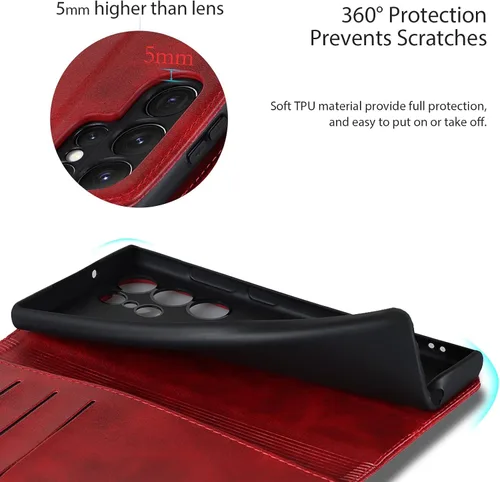Miniatura 6 de Havaya Funda tipo cartera para Samsung Galaxy S23 Ultra, tapa magnética con tarjetero y soporte para tarjeta - rojo PU+rojo