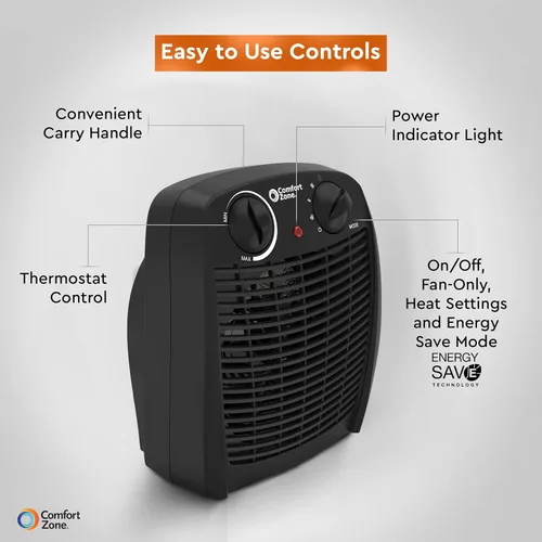 Miniatura 4 de Comfort Zone Calentador de espacio interior con termostato ajustable, forzado por ventilador, eléctrico, protección contra sobrecalentamiento, Negro