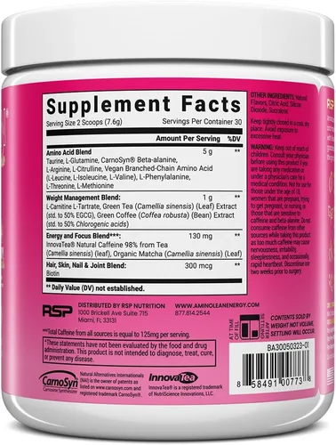 Miniatura 6 de RSP NUTRITION AminoLean Pre Entrenamiento, Energía Limpia Sin Nerviosismo, Hormigueo o Caída, Apto para Veganos con Biotina Añadida para Cabello