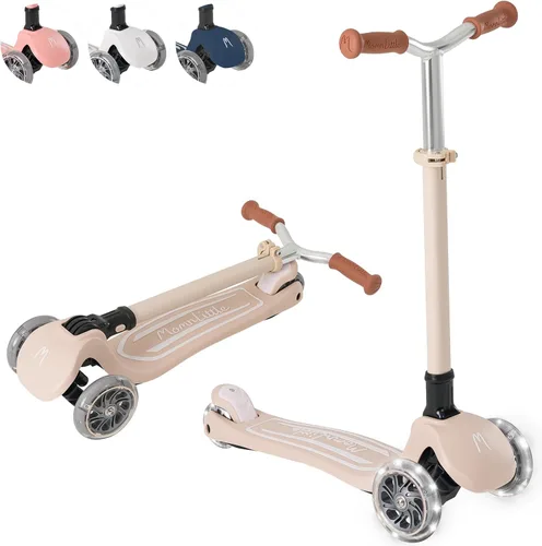 Miniatura 15 de MomnLittle - Patinete para niños de 3 a 10 años (beige/rosa/azul marino/blanco) de 3 ruedas con luces LED, certificado por la CPSC plegable y 4