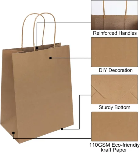Miniatura 3 de Joybe Paquete de 50 bolsas de papel marrón medianas de 8x4.75x10 pulgadas con asas al por mayor, bolsas de regalo de papel kraft para favores