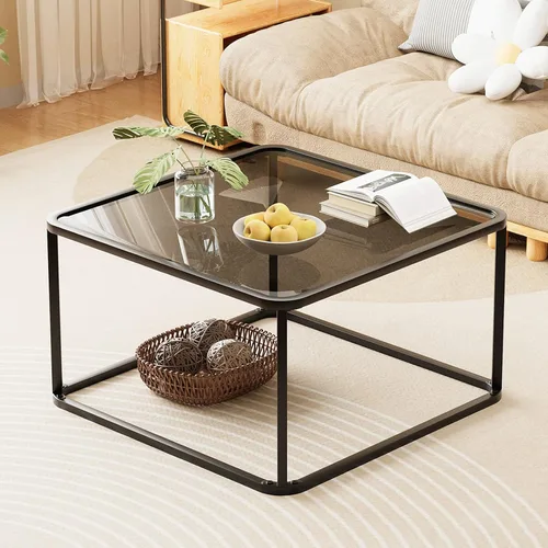 Miniatura 9 de Mesa de café de vidrio, mesas cuadradas minimalistas para sala de estar, mesa central moderna para oficina o espacio pequeño, vidrio templado, marco