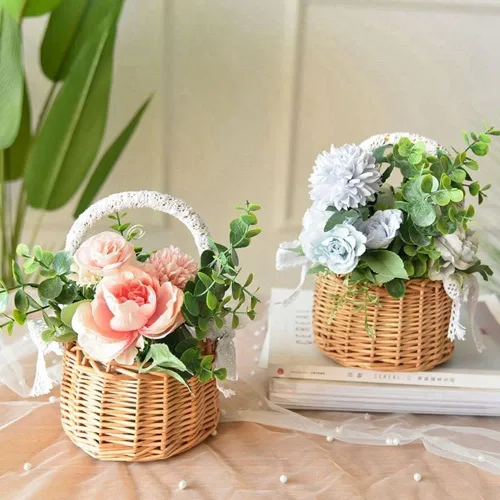 Miniatura 5 de Cesta de flores de mimbre de ratán, cesta tejida a mano de sauce con asa e inserto de plástico, cesta de dulces de huevos para boda, para decoración