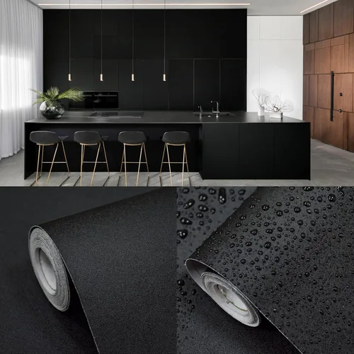 Papel tapiz negro mate para despegar y pegar, papel de contacto negro para armarios y cajones, autoadhesivo, extraíble, para dormitorio, baño,