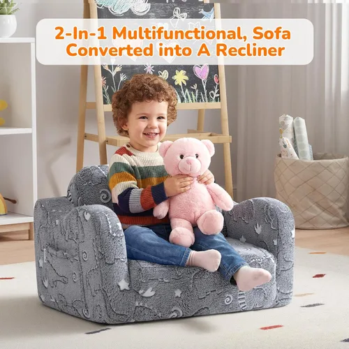 Miniatura 5 de MeMoreCool Sofá de dinosaurio para niños, silla plegable para niños pequeños, sofá abatible que brilla en la oscuridad, asiento convertible