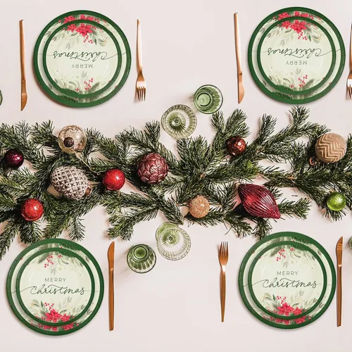 Miniatura 6 de Whaline Juego de 24 platos de papel de acebo de Navidad, tazas, servilletas, decoraciones de fiesta, nochebuena, muérdago, platos desechables, juego