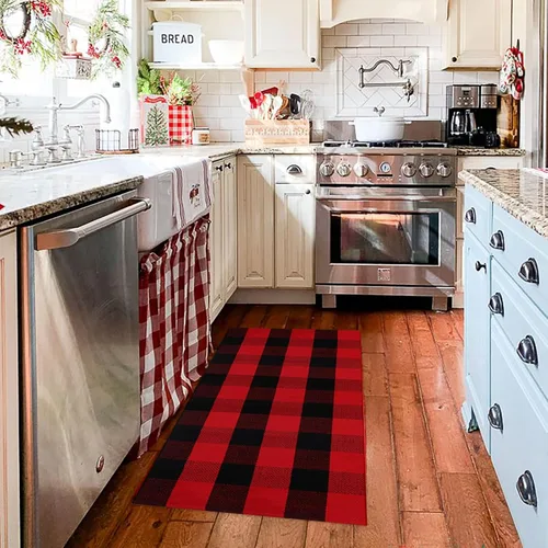 Miniatura 6 de Alfombra de Navidad a cuadros para exteriores, 2 x 4 pies 3 pulgadas, rojo y negro, alfombra de área para interiores y exteriores, alfombra de capas