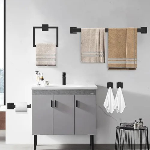 Miniatura 2 de Juego de accesorios de baño de 10 piezas, color negro mate, incluye barra de toalla de baño de 23.6 pulgadas, anillos de toalla, soportes para papel