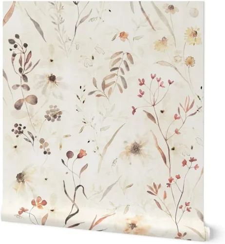 Spoonflower Papel tapiz autoadhesivo de 9 x 2 pies, papel tapiz extraíble de acuarela de botánicos neutros con diseño floral beige