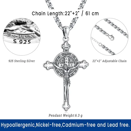 Miniatura 3 de Eusense - Collar con colgante de plata de ley 925 de San MiguelSan Benito para hombres y mujeres con cruz de Jesúsmedalla milagrosa de la Virgen