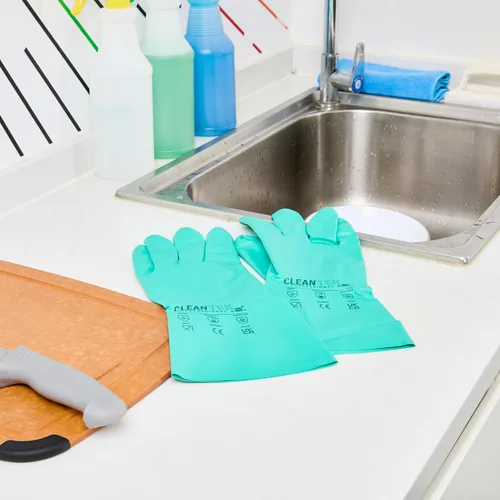 Miniatura 3 de Restaurantware Guantes de limpieza verdes, 10 pares de guantes de nitrilo de 15 mil de grosor, pequeños y resistentes con puño largo, forro