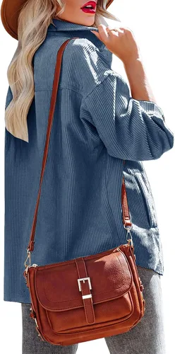 Miniatura 2 de SENSERISE Camisa de pana para mujer, chaqueta de gran tamaño, casual, manga larga, con botones, blusas