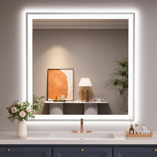 Miniatura 72 de Espejo de baño LED de 60x36 pulgadas con marco negro, espejos de baño retroiluminados y con luz frontal para pared, antiempañamiento, regulable